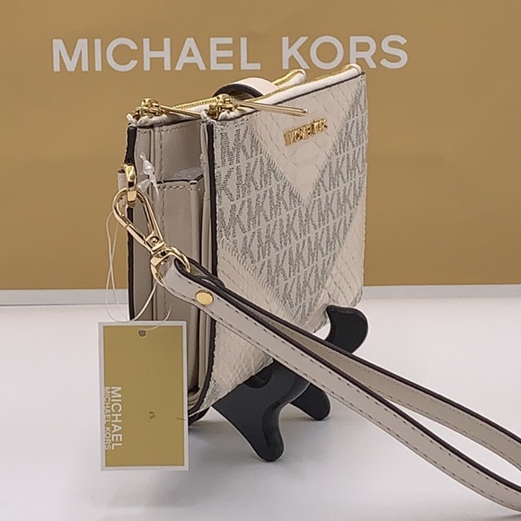 MICHAEL KORS LG DOUBLE ZIP WALLET LIGHT CREAM MULTI Crocodile Leather Snakeskin - Picture 4 of 14